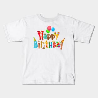 Funny Happy Birthday Word Art Font with Balloons Kids T-Shirt